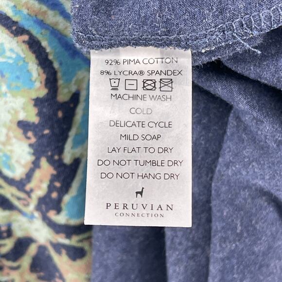 PERUVIAN CONNECTION Dress XS Paisley Midi Cap Sleeve Stretch Pima Cotton Blue - Picture 10 of 13